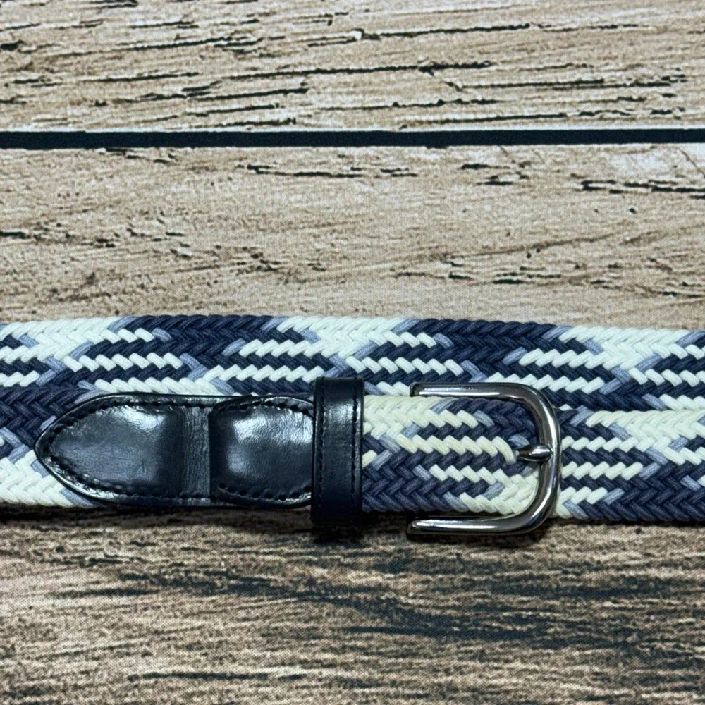 Brooks Brothers Braided Belt Mens 36 Blue White Woven Cotton Leather Trim